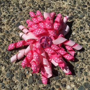 Hair Bow Clip - Hot Pink and Light Pink Ribbon Korker / Corker Hair Clip with Peace Sign Charm
