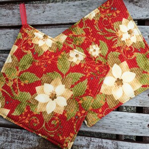 Poinsettias on Red with Polka Dots Pot Holders - Set of Two (2), with Loops, Personalization Available