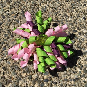 Hair Bow Clip - Green, Light Pink and Burgundy Ribbon Korker / Corker Hair Clip with Large Green Bead