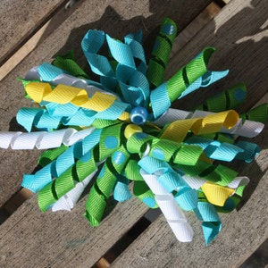 Hair Bow Clip - Green Yellow Blue Korker / Corker Hair Clip with BEADS
