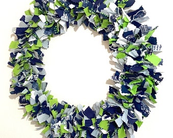 Wall Decoration, Fabric Tied Seahawks Football Wreath, Football Fan Gift, Fathers Day Gift