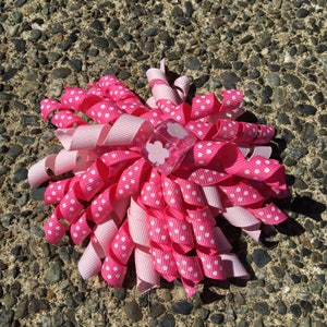Hair Bow Clip - Hot Pink, Light Pink and Polka Dot Ribbon Korker / Corker Hair Clip with Large Pink Square Flower Bead