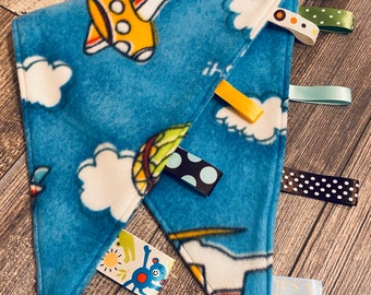 Ribbon Burpie / Fleece Burp Cloth: Planes and Helicopters on Blue, Personalization Available