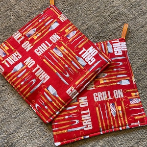 Two Pot Holders - Grill On Barbeque/Barbecue BBQ, with Loops, Personalization Available