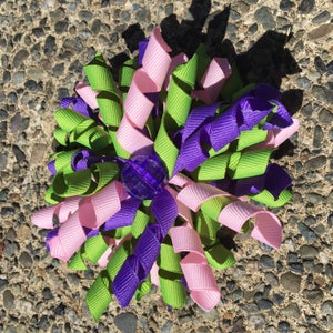 Hair Bow Clip - Light Pink, Purple and Green Ribbon Korker / Corker Hair Clip with Large Purple Bead