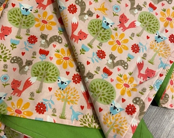 Flannel Baby Blanket / Kid Car Blanket - Woodland Critters on Pink, Personalization Available