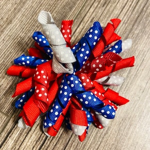 Hair Bow Clip - Red, Gray and Blue Polka Dot Ribbon Korker / Corker Hair Clip