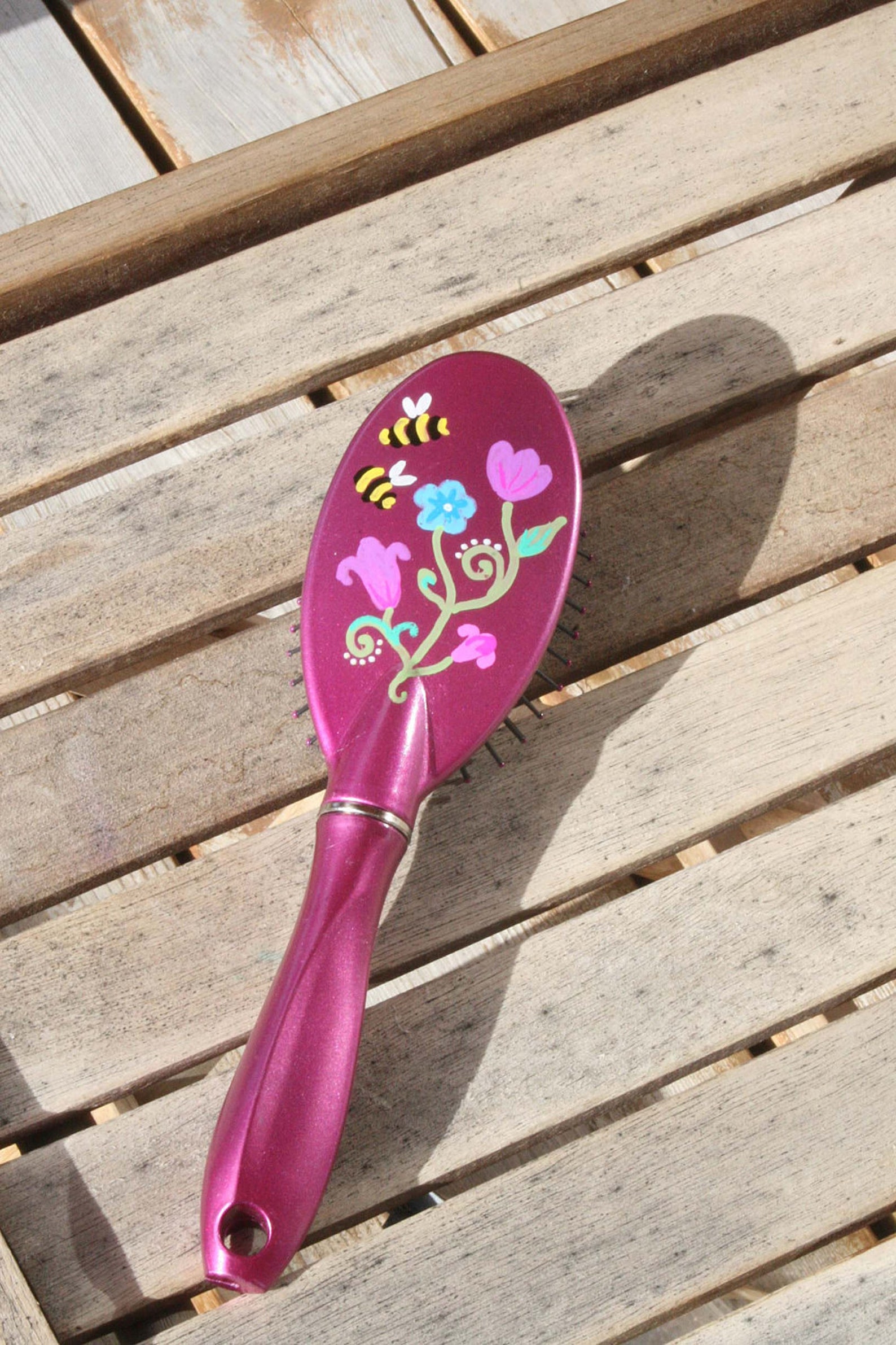 Hand Painted Pink Hair Brush Floral With 2 Bees Etsy