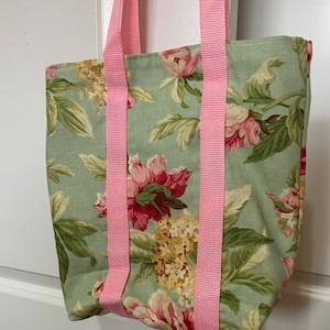 Peonies Pink Floral Flowers on Green Canvas Market Tote with Shoulder Straps