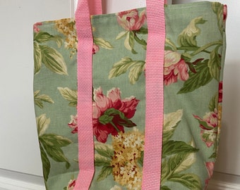 Peonies Pink Floral Flowers on Green Canvas Market Tote with Shoulder Straps