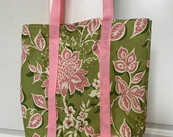 Pink Floral Flowers on Green Canvas Market Tote with Shoulder Straps