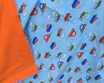 Flannel Baby Blanket / Kid Car Blanket - Cars and Planes on Blue, Personalization Available
