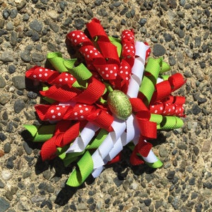 Hair Bow Clip - Red Green and White Polka Dot Ribbon Korker / Corker Hair Clip with Large Green Bead