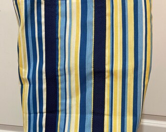 Navy Blue Yellow Stripe Canvas Market Tote with Shoulder Straps