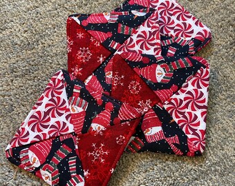 Snowmen on Black with Candy Canes and Snowflakes Pinwheel Fabric Coaster Set of 4