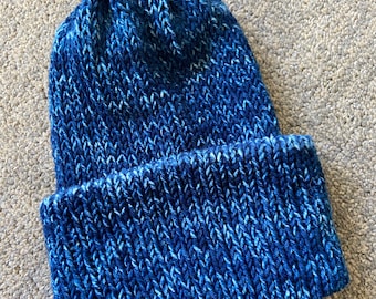 Variegated Blue Knitted Hat WITHOUT a Pompom