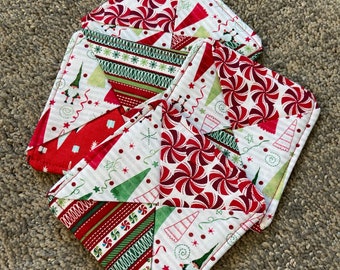 Winter Christmas Assorted Mixed Fabric Pinwheel Fabric Coaster Set of 4