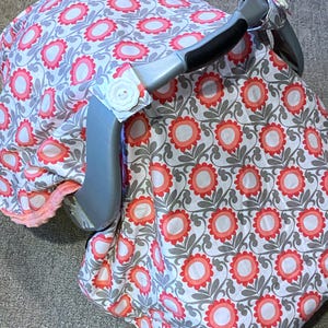 Coral Pink & Gray Flowers Baby Car Seat Canopy COVER or Nursing Cover EXTRA LARGE: features Pink Minky, Personalization Available