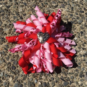 Hair Bow Clip - Pink and Red Valentines Love Ribbon Korker / Corker Hair Clip with Heart-shaped Charm
