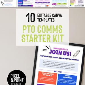 Pode incluir: Uma coleção digital de 10 modelos editáveis do Canva para um kit inicial de comunicações de PTO. O conjunto inclui vários designs de folhetos para reuniões, boletins informativos, calendários e atualizações de angariação de fundos, com detalhes em roxo, laranja e azul.