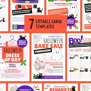 May include: Seven editable Canva templates for school Halloween events, including flyers for a trunk or treat, party, bake sale, dress up day, candy donations, and pumpkin painting. Each flyer features colorful graphics of ghosts, cats, and spiders.