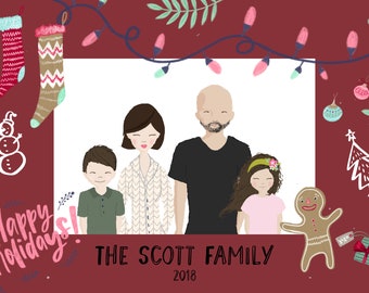 Custom Family Portrait Illustration Christmas Card Family Holiday Card Personalized Christmas Card Family Cartoon Drawing Photo Holiday Card