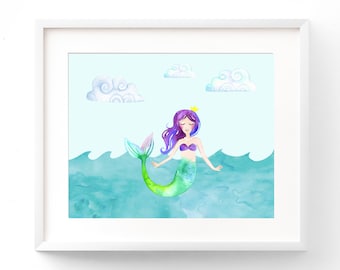 May include: A watercolor painting of a mermaid with purple hair and a yellow crown, swimming in turquoise water with white clouds in the background.