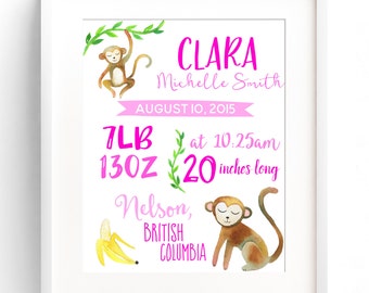 Monkey Birth Print Pink Monkey Birth Stats Monkey Birth Announcement Watercolor Monkey Nursery Decor Monkey Decor Baby Gift Girl Nursery Art