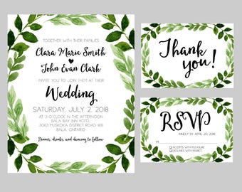 Leaves Greenery Wedding Invitation Printable Elegant Simple DIY Wedding Invite RSVP Thank You Card Outdoor Wedding Suite Nature Watercolor