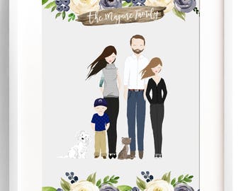 Family Portrait Illustration Custom Family Portrait Drawing Personalized Family Name Print Custom Family Cartoon Housewarming Gift Wedding