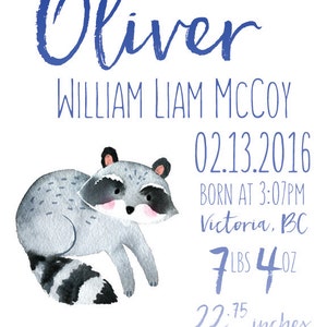 Woodland Raccoon Watercolor Nursery Art Birth Stats CUSTOM Decor 8x10 11x14 12x16 Navy and Grey Boy Room image 2