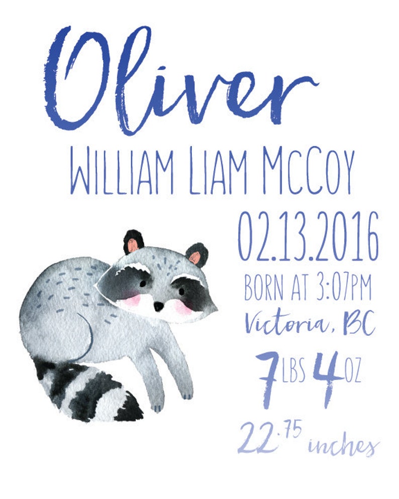 Woodland Raccoon Watercolor Nursery Art Birth Stats CUSTOM Decor 8x10 11x14 12x16 Navy and Grey Boy Room image 2