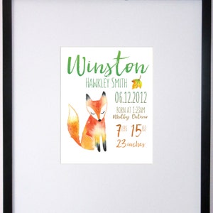 Watercolor Nursery Birth Stats Fox - Nursery Art Birth Stats - CUSTOM Decor 8x10 11x14 12x16