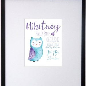 PRINTABLE Owl Watercolor Nursery Art Birth Stats - CUSTOM Decor 8x10 11x14 12x16 DIGITAL File