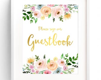 Guest Book Sign Pink and Gold Wedding Boho Printable Wedding Signs Bohemian Wedding Pink Floral Watercolor Print At Home Guest Book Table