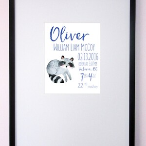 Woodland Raccoon Watercolor Nursery Art Birth Stats CUSTOM Decor 8x10 11x14 12x16 Navy and Grey Boy Room image 3