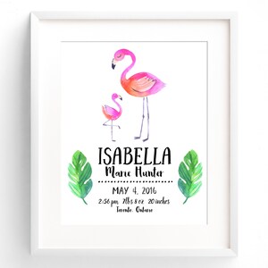 Flamingo Watercolor Nursery Decor Art Birth Stats - CUSTOM Nursery Wall Decor 8x10 11x14 12x16 Palm Leaf Print