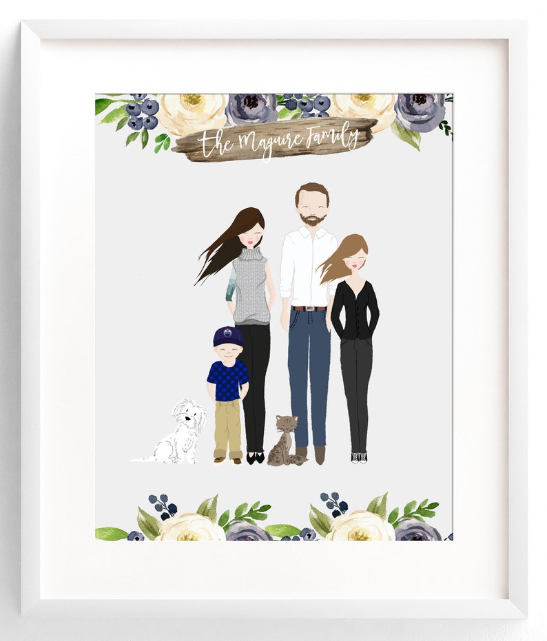 Family Portrait Illustration Custom Family Portrait Drawing Personalized Family Name Print Custom Family Cartoon Housewarming Gift Wedding image 3