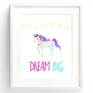 Unicorn Nursery Decor - Watercolour Nursery Wall Art - Dream Big - Girl Bedroom Print - Stars Nursery Art - 8x10 11x14 12x16