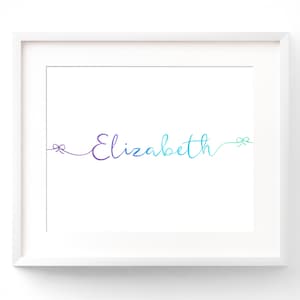 Custom Name Nursery Wall Art Print  Baby Name Wall Decor  Watercolour Name Print  Bows 8x10 11x14 12x16 Purple and Blue Rainbow Nursery