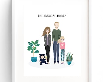 Family Portrait Illustration Custom Family Portrait Drawing Personalized Family Name Print Custom Family Cartoon Housewarming Gift Wedding