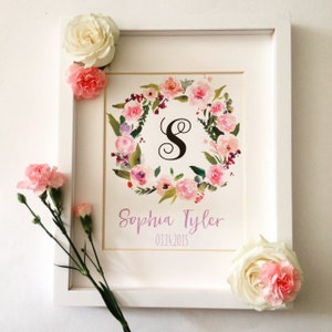 Monogram Watercolor Nursery Art Print Baby Name CUSTOM Wall Art 8x10 11x14 12x16 Floral Nursery Wall Decor Birth Stats Wall Art