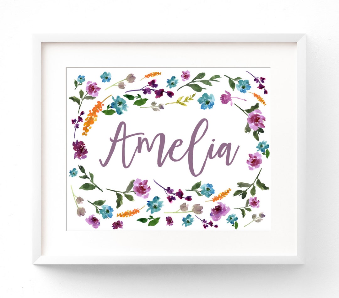 Custom Name Nursery Print Watercolour Flower Name Wall Art Purple ...
