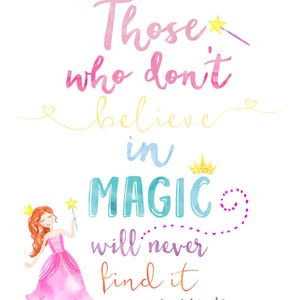 PRINTABLE Watercolor Princess Decor Nursery Wall Art Print 8x10 11x14 12x16 Those Who Don't Believe in Magic INSTANT DOWNLOAD image 3