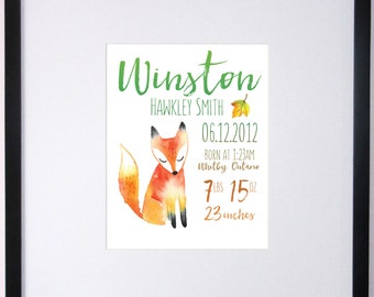 PRINTABLE Fox Watercolor Nursery Art Birth Stats - CUSTOM Decor 8x10 11x14 12x16 DIGITAL File