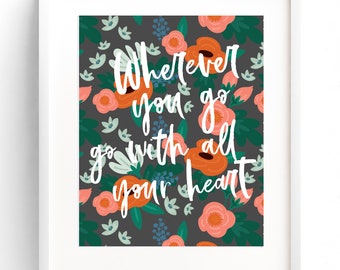 Wherever You go Go With All Your Heart Wall Art Quote Nursery Art Girl Room Wall Decor Floral Quote Typography Inspirational Quote Prints