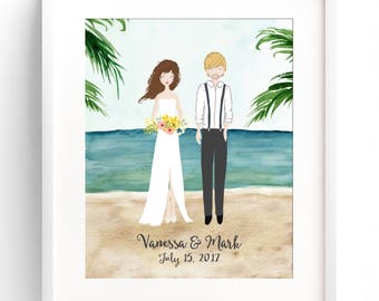 Personalized Wedding Portrait Custom Wedding Illustration Bride and Groom Custom Print Cartoon Wall Art Custom Wedding Gift Beach Wedding