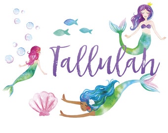 Custom Name Mermaid Nursery Wall Art Print - Baby Name Wall Decor 8x10 11x14 12x16