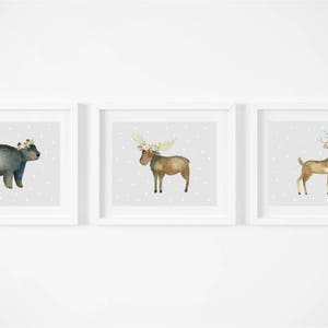 Set of 3 Nursery Prints Woodland Animals Nursery Wall Art Watercolor flower Crowns Bear Moose Deer Baby Girl Room Wall Art Decor