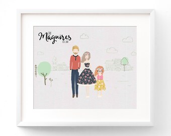 Personalized Family Portrait Custom Family Cartoon Family Portrait Illustration Anniversary Gift Custom Family Name Print Housewarming Gift